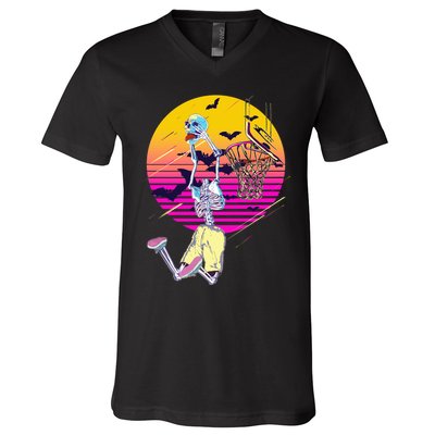 Funny Halloween Skeleton Basketball Player Dunking Skull V-Neck T-Shirt