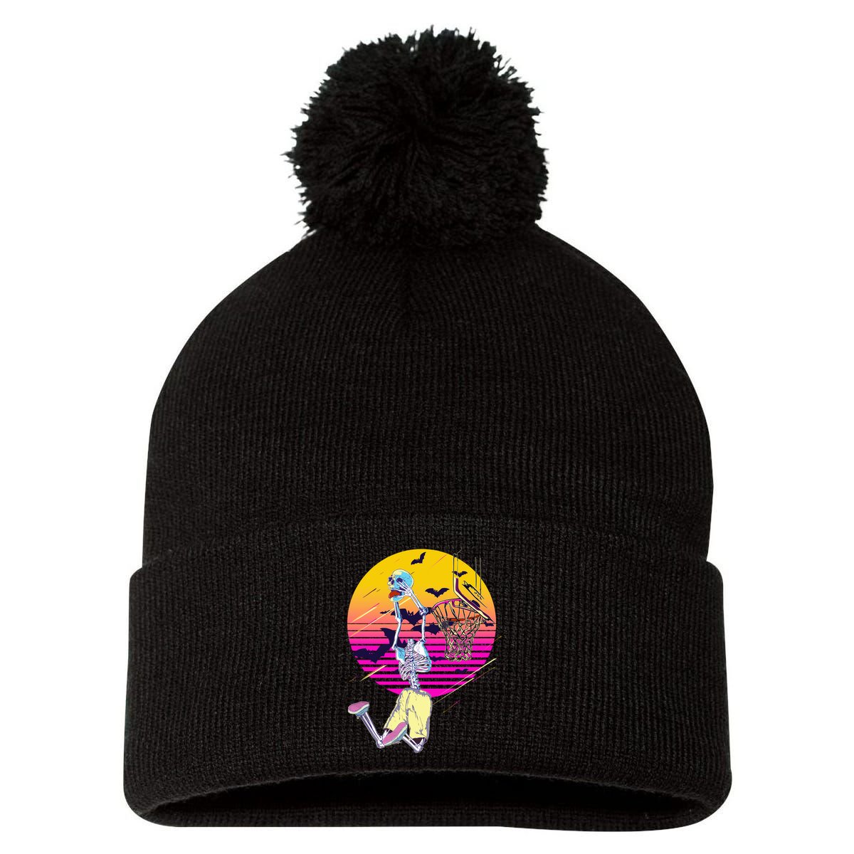 Funny Halloween Skeleton Basketball Player Dunking Skull Pom Pom 12in Knit Beanie