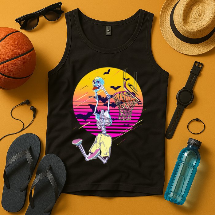 Funny Halloween Skeleton Basketball Player Dunking Skull Tank Top