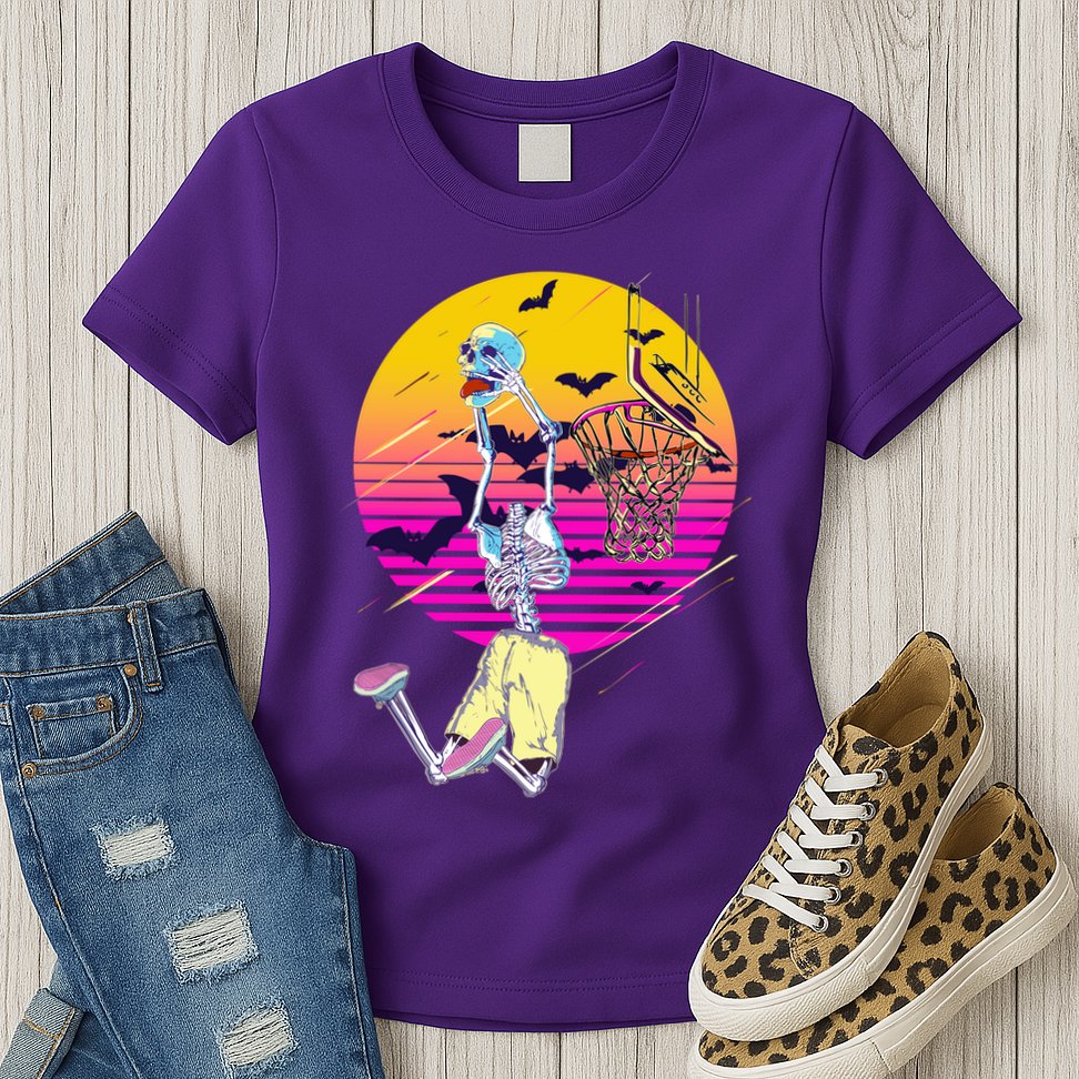 Funny Halloween Skeleton Basketball Player Dunking Skull Womens T-Shirt