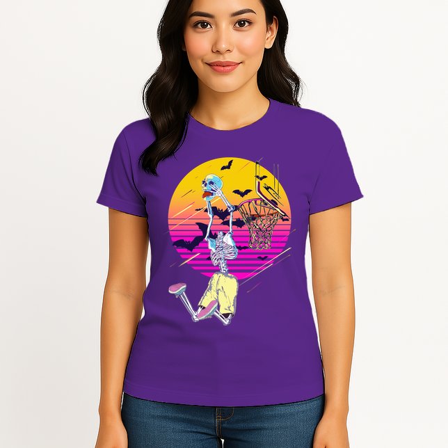 Funny Halloween Skeleton Basketball Player Dunking Skull Womens T-Shirt
