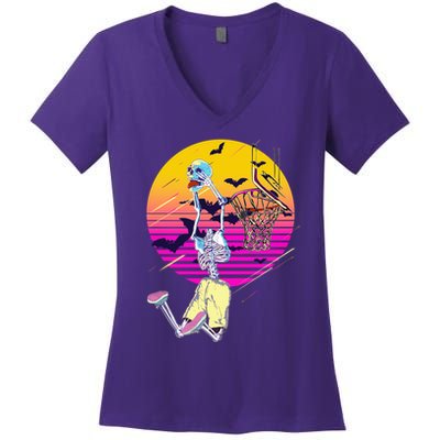 Funny Halloween Skeleton Basketball Player Dunking Skull Women's V-Neck T-Shirt