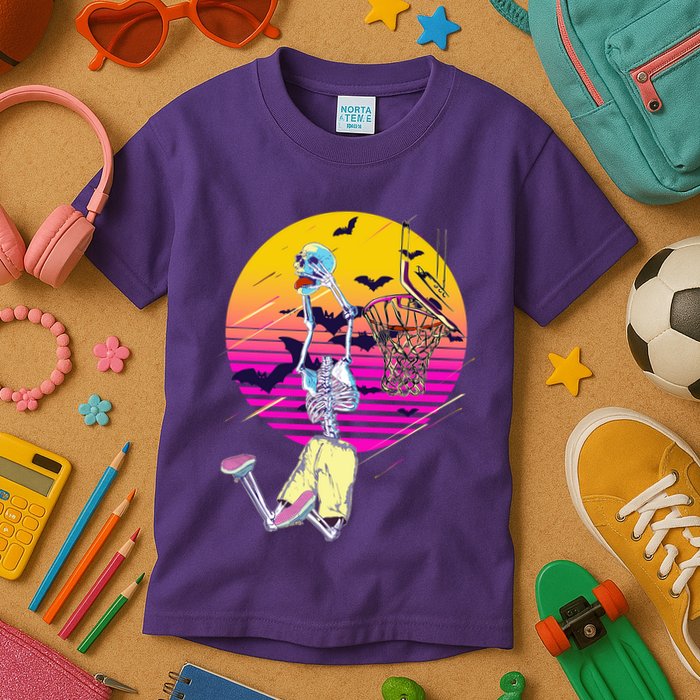 Funny Halloween Skeleton Basketball Player Dunking Skull Kids T-Shirt