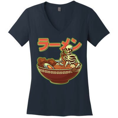 Funny Halloween Skeleton Japanese Ramen Bowl Women's V-Neck T-Shirt