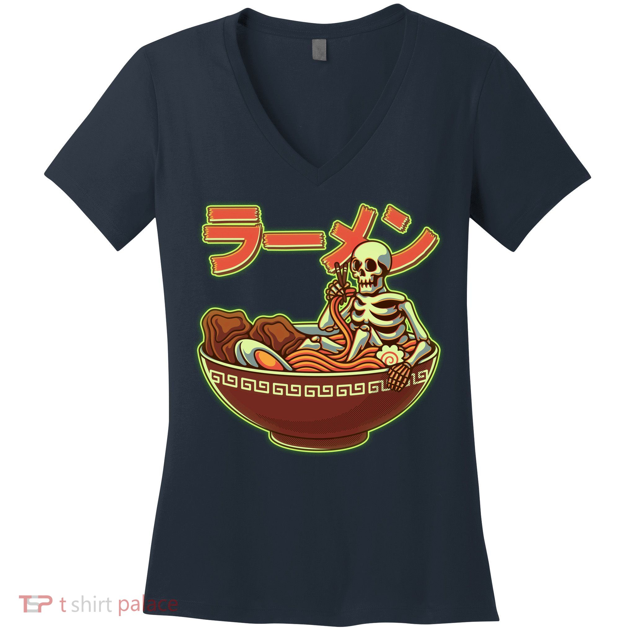 Funny Halloween Skeleton Japanese Ramen Bowl Women's V-Neck T-Shirt