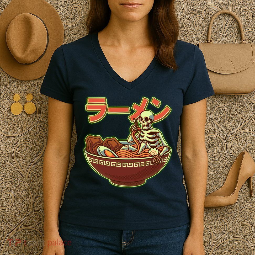 Funny Halloween Skeleton Japanese Ramen Bowl Women's V-Neck T-Shirt