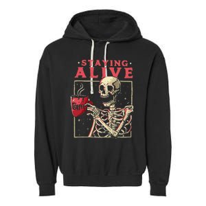 Funny Halloween Staying Alive Coffee Skeleton Stay Spooky Garment-Dyed Fleece Hoodie