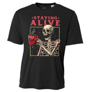 Funny Halloween Staying Alive Coffee Skeleton Stay Spooky Cooling Performance Crew T-Shirt