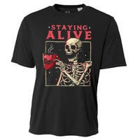 Funny Halloween Staying Alive Coffee Skeleton Stay Spooky Cooling Performance Crew T-Shirt