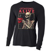 Funny Halloween Staying Alive Coffee Skeleton Stay Spooky Cooling Performance Long Sleeve Crew