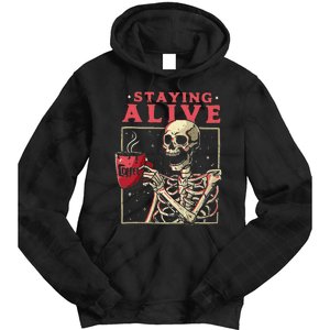 Funny Halloween Staying Alive Coffee Skeleton Stay Spooky Tie Dye Hoodie