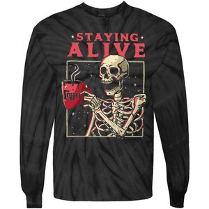 Funny Halloween Staying Alive Coffee Skeleton Stay Spooky Tie-Dye Long Sleeve Shirt