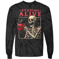 Funny Halloween Staying Alive Coffee Skeleton Stay Spooky Tie-Dye Long Sleeve Shirt