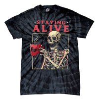 Funny Halloween Staying Alive Coffee Skeleton Stay Spooky Tie-Dye T-Shirt