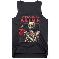 Funny Halloween Staying Alive Coffee Skeleton Stay Spooky Tank Top