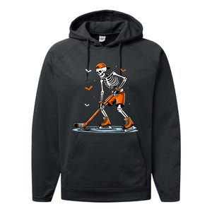 Funny Halloween Skeleton Ice Hockey Gift Sticks Hockey Performance Fleece Hoodie