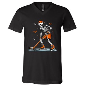 Funny Halloween Skeleton Ice Hockey Gift Sticks Hockey V-Neck T-Shirt