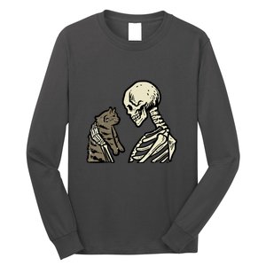 Funny Halloween Skull Skeleton Holding Cat Gift Long Sleeve Shirt