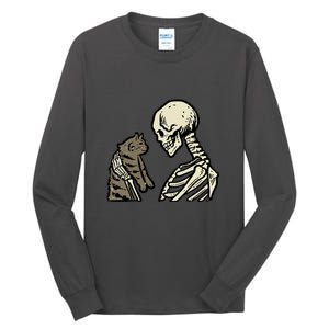 Funny Halloween Skull Skeleton Holding Cat Gift Tall Long Sleeve T-Shirt