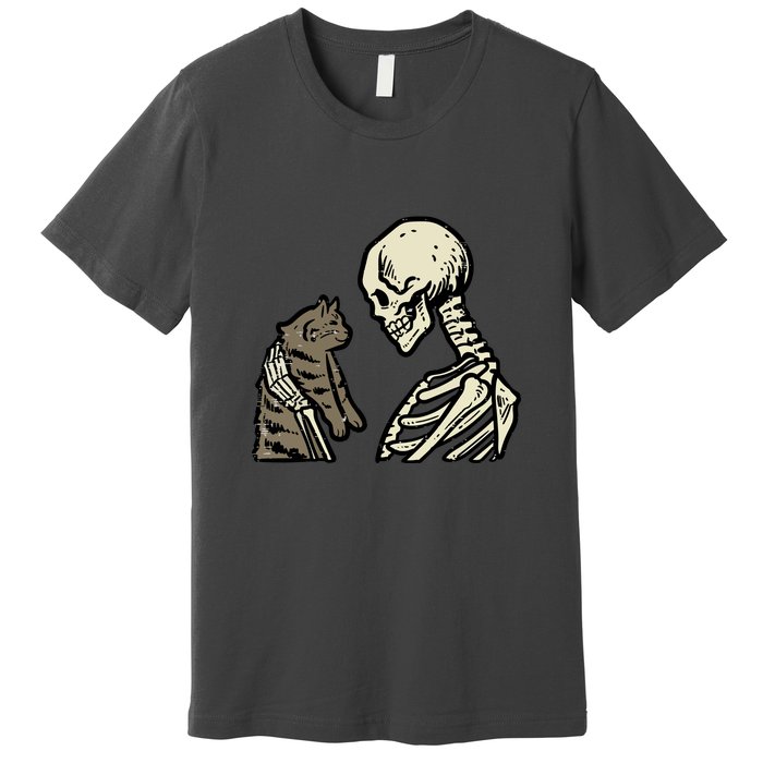 Funny Halloween Skull Skeleton Holding Cat Gift Premium T-Shirt