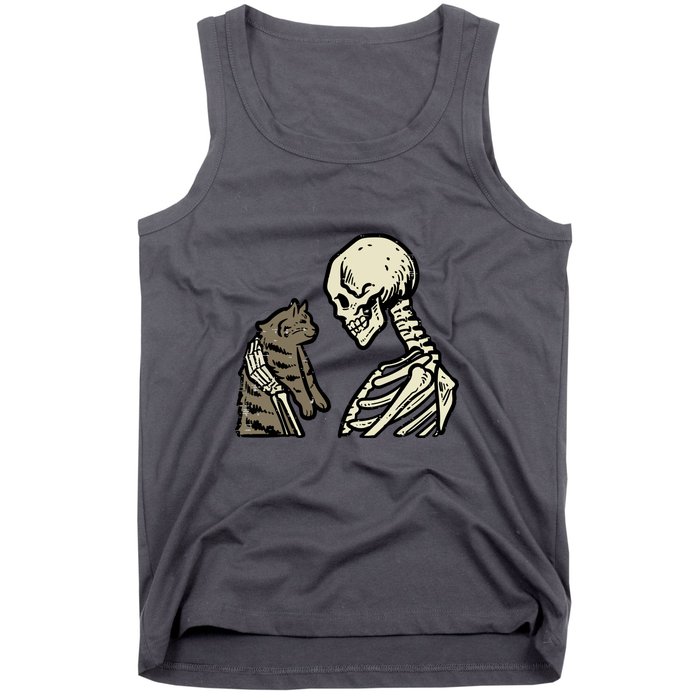 Funny Halloween Skull Skeleton Holding Cat Gift Tank Top