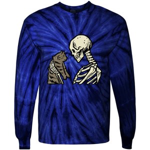 Funny Halloween Skull Skeleton Holding Cat Gift Tie-Dye Long Sleeve Shirt