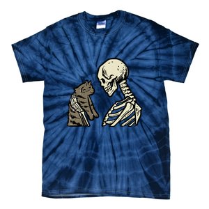 Funny Halloween Skull Skeleton Holding Cat Gift Tie-Dye T-Shirt