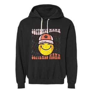 Funny Hippie Smile Face Baseball Mama Softball Mothers Day Garment-Dyed Fleece Hoodie