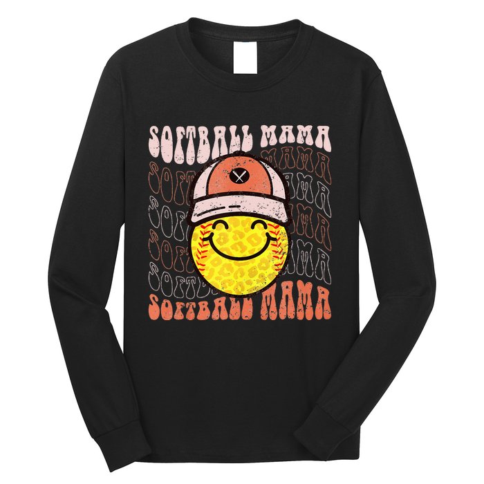 Funny Hippie Smile Face Baseball Mama Softball Mothers Day Long Sleeve Shirt