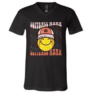 Funny Hippie Smile Face Baseball Mama Softball Mothers Day V-Neck T-Shirt