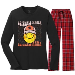 Funny Hippie Smile Face Baseball Mama Softball Mothers Day Women's Long Sleeve Flannel Pajama Set 