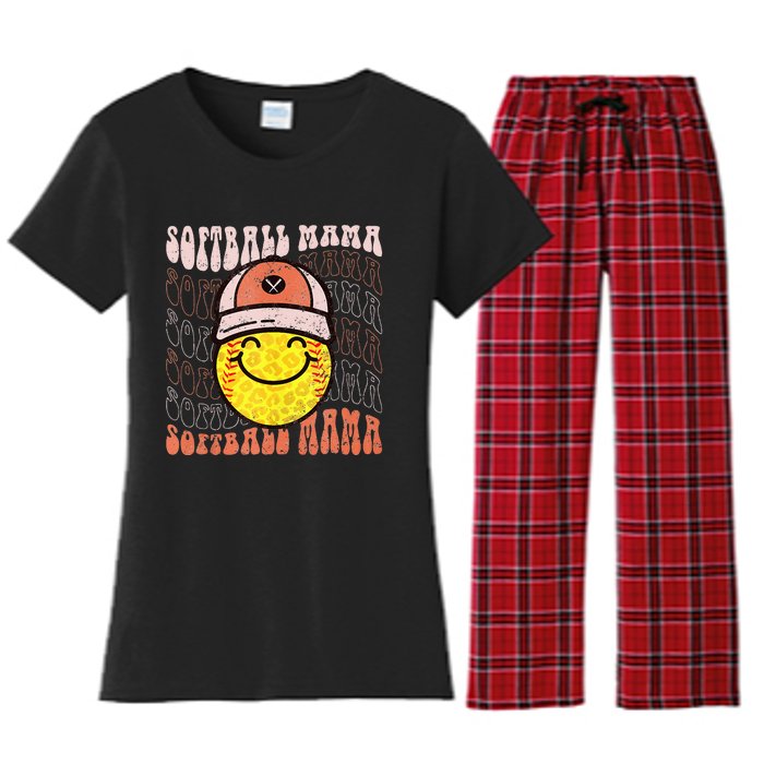 Funny Hippie Smile Face Baseball Mama Softball Mothers Day Women's Flannel Pajama Set