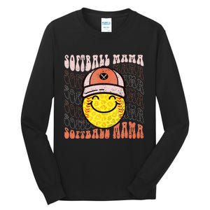 Funny Hippie Smile Face Baseball Mama Softball Mothers Day Tall Long Sleeve T-Shirt