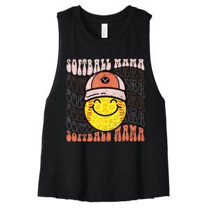 Funny Hippie Smile Face Baseball Mama Softball Mothers Day Women's Racerback Cropped Tank