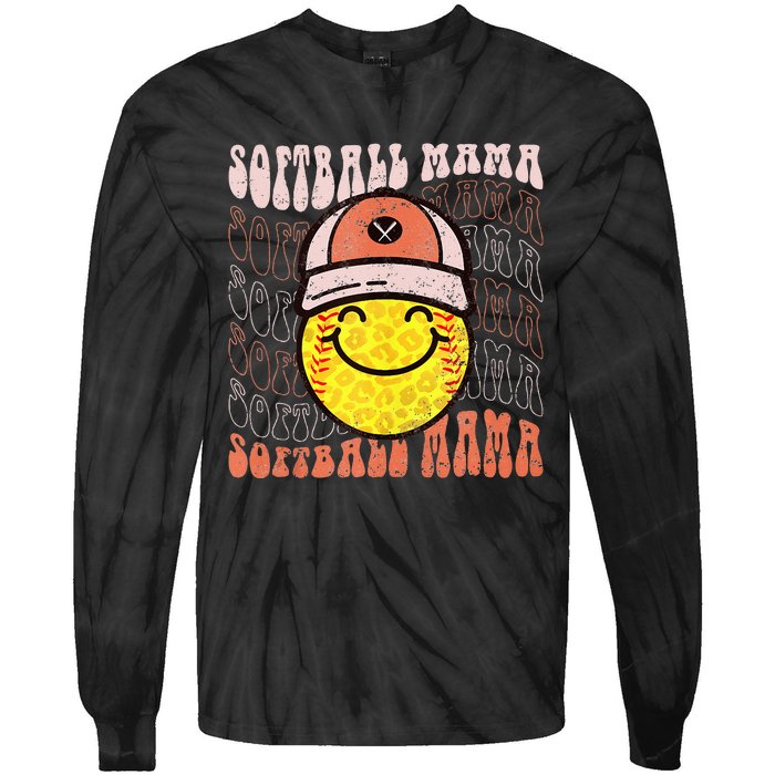 Funny Hippie Smile Face Baseball Mama Softball Mothers Day Tie-Dye Long Sleeve Shirt