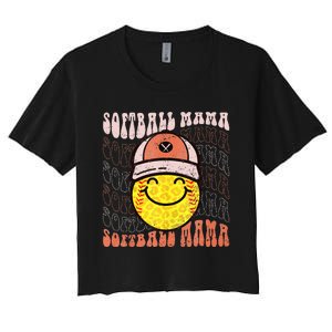 Funny Hippie Smile Face Baseball Mama Softball Mothers Day Women's Crop Top Tee