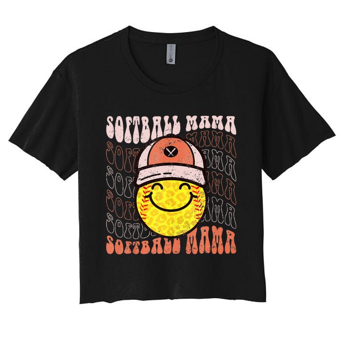 Funny Hippie Smile Face Baseball Mama Softball Mothers Day Women's Crop Top Tee