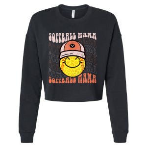 Funny Hippie Smile Face Baseball Mama Softball Mothers Day Cropped Pullover Crew