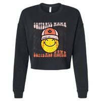 Funny Hippie Smile Face Baseball Mama Softball Mothers Day Cropped Pullover Crew