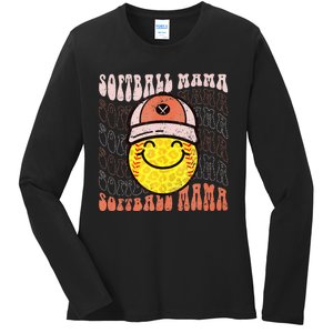 Funny Hippie Smile Face Baseball Mama Softball Mothers Day Ladies Long Sleeve Shirt