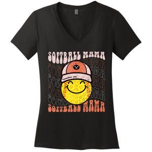 Funny Hippie Smile Face Baseball Mama Softball Mothers Day Women's V-Neck T-Shirt