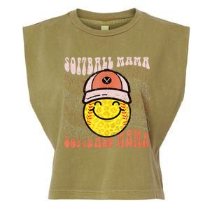 Funny Hippie Smile Face Baseball Mama Softball Mothers Day Garment-Dyed Women's Muscle Tee