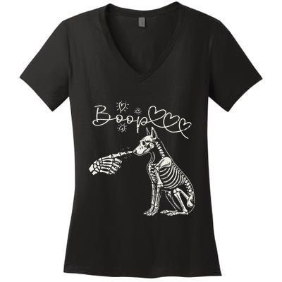 Funny Halloween Skeleton Hand Boop Doberman Pinscher Dog Women's V-Neck T-Shirt
