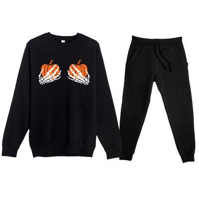 Funny Halloween Skeleton Hands On Chest Pumpkin Boobs Premium Crewneck Sweatsuit Set