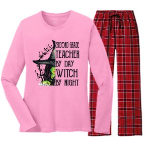 Funny Halloween Second Grade Teacher By Day Witch By Night Gift Women's Long Sleeve Flannel Pajama Set 