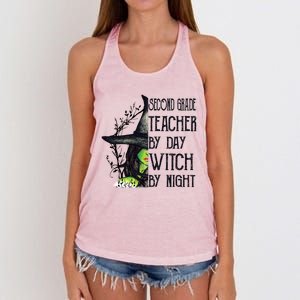 Funny Halloween Second Grade Teacher By Day Witch By Night Gift Women's Knotted Racerback Tank