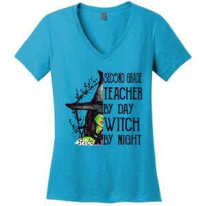 Funny Halloween Second Grade Teacher By Day Witch By Night Gift Women's V-Neck T-Shirt