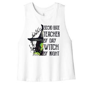 Funny Halloween Second Grade Teacher By Day Witch By Night Gift Women's Racerback Cropped Tank