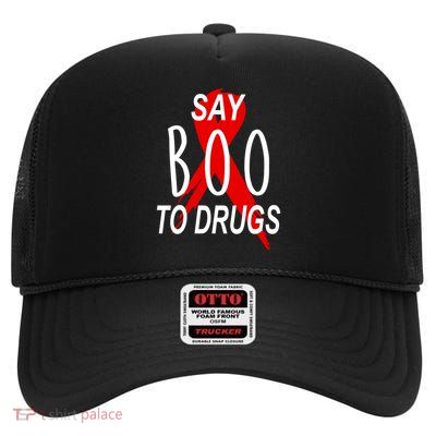 Funny Halloween Say Boo To Drugs Awareness Red Ribbon High Crown Mesh Back Trucker Hat