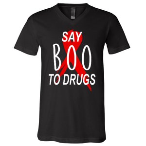 Funny Halloween Say Boo To Drugs Awareness Red Ribbon V-Neck T-Shirt